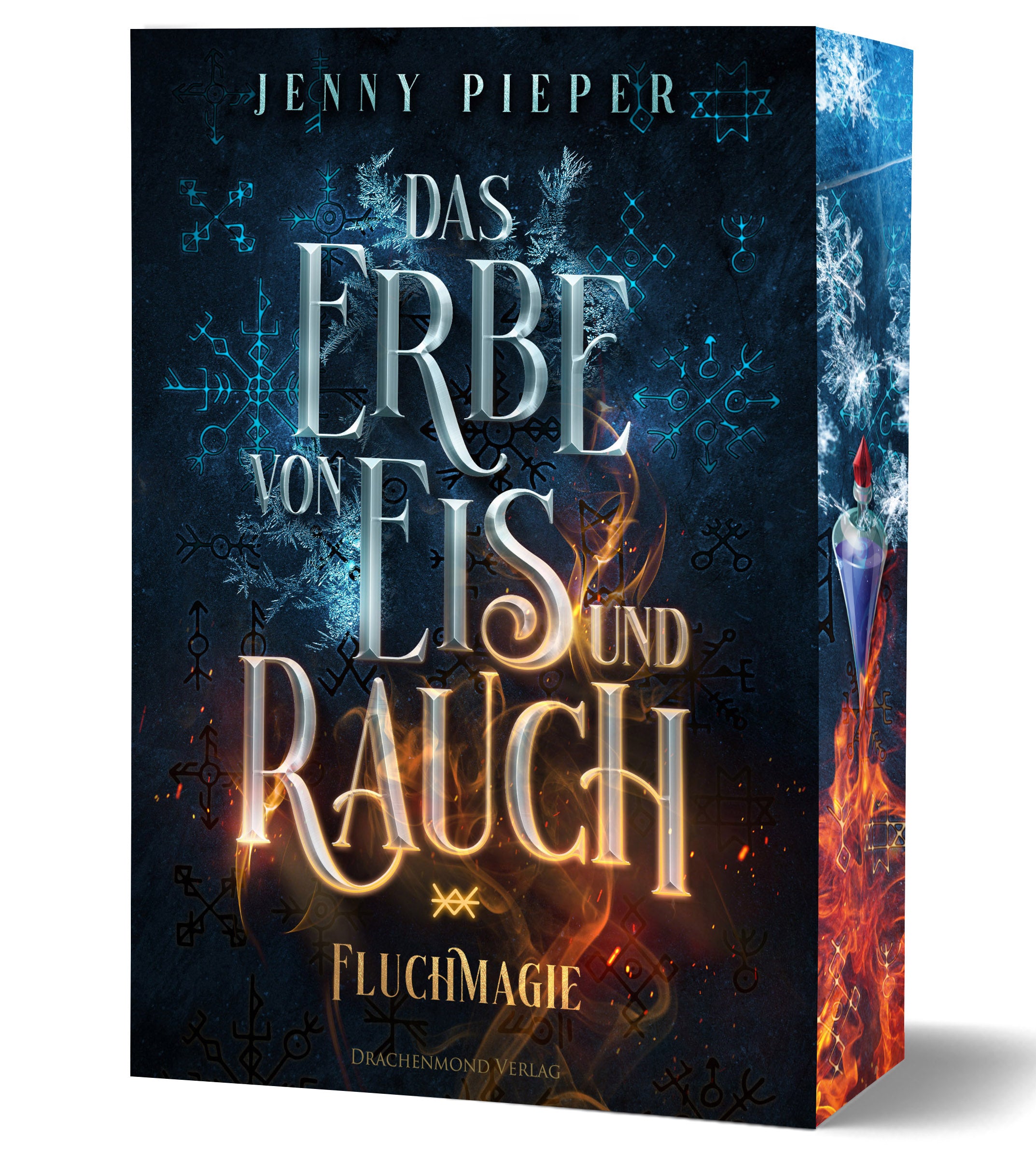 Das Cover zeigt vor blauem Hintergrund den Titel in grauer Schrift. Eisblumen und leuchtende Symbole umrahmen die Schrift. Bei den Wörtern "und Rauch" wird der Hintergrund rot und Flammen umzüngeln die Wörter.