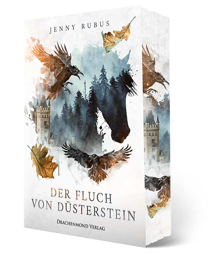 Das Cover zeigt mittig den Umriss eines Pferdekopfes. In diesem sieht man einen dunklen Wand und Teile eines Schlosses. Darum sieht man fallendes Laub und Raben. Der Titel des Buches steht darunter. Der Hintergrund des Covers ist weißgrau. Auf dem Buchschnitt sieht man die Raben und die Burg.