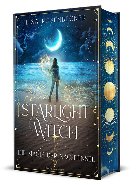 Das Cover zeigt eine Frau, die an einem Sandstrand steht und auf das Meer hinausblickt. Über ihrer angewinkelten linken Hand schwebt eine leuchtende Kugel. Im Hindergrund ist ein Nachthimmel mit leuchtendem Sichelmond. Der Buchschnitt ist dunkelblau, mit Abbildungen von verschiedenen Mondphasen.