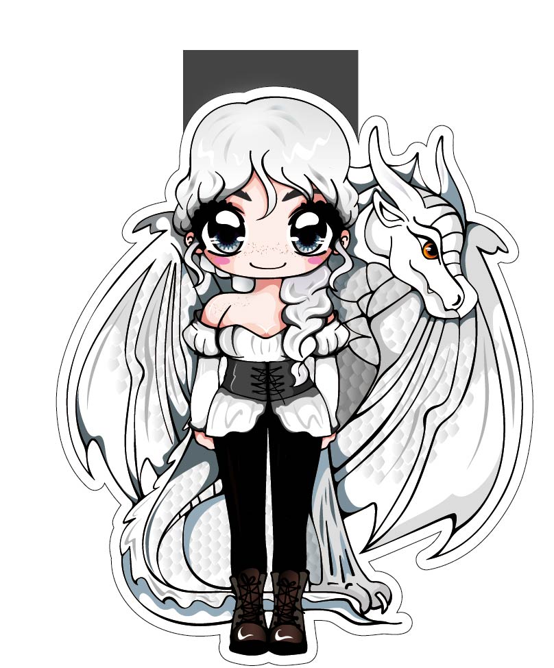 Das Produktbild zeigt ein Magnetlesezeichen mit einer weißhaarigen Frau, die vor einem weißen Drachen steht. Es ist im Anime-Stil gezeichnet.