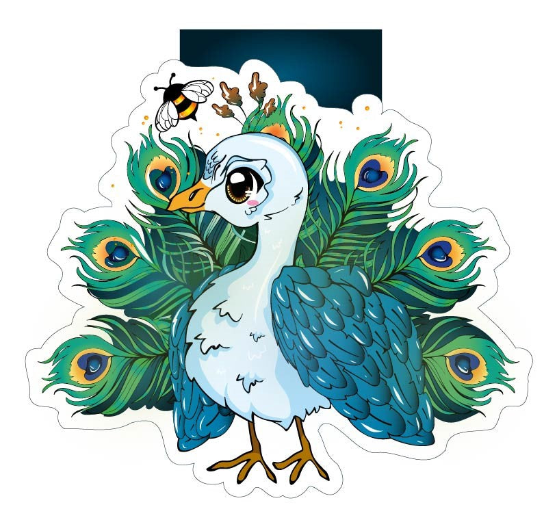 Das Produktbild zeigt ein Magnetlesezeichen mit einem Pfau. Oben links fliegt eine kleine Hummel.