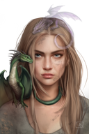 Das Page Overlay zeigt das Porträt der weiblichen Hauptfigur des Buches "Funkenmagie". Inea hat mittelblonde Haare und Schmutz im Gesicht. Auf ihrem Kopf und auf ihrer Schulter sitzt je ein kleiner Drache. 