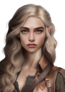 Das Page Overlay zeigt das Porträt der weiblichen Hauptfigur des Buches "Das Spiel der vier Farben". Feye hat langes, blondes Haar und spitze Elfenohren. Sie trägt ein Weste aus braunem Leder. 