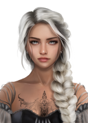 Das Page Overlay zeigt das Porträt der weiblichen Hauptfigur des Buches "Asrai - Das Portal der Drachen". Elaja hat einen weißblonden, geflochtenen Zopf, der über die Schulter nach vorn fällt, und Tätowierungen im Dekolleté. 