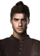 Das Page Overlay zeigt das Porträt der männlichen Hauptfigur des Buches "Asrai - Das Portal der Drachen". Ian trägt ein dunkles Hemd, sein Haar ist dunkelbraun. 