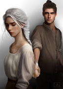 Das Page Overlay zeigt die Hauptfiguren aus "Asrai - Das Portal der Drachen". Elaja, mit weißblondem Zopf und heller Kleidung, befindet sich links vorn, Ian mit dunklen Haaren und dunklem Hemd rechts dahinter. Er schaut in ihre Richtung, sie hat sich abgewendet. Hinter ihrem Rücken verschränken sich ihre Hände jedoch. 