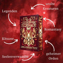 Das Bild zeigt das Buch "Lotusschwur & Fuchsmagie" von Janina Schneider-Tidigk. Darum sind die enthaltenen Tropes abgebildet: uralte Kreaturen, Romantasy, geheimer Orden, Seelenverwandte, Kitsune, Legenden