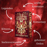 Das Bild zeigt das Buch "Lotusschwur & Fuchsmagie" von Janina Schneider-Tidigk. Darum sind die enthaltenen Tropes abgebildet: uralte Kreaturen, Romantasy, geheimer Orden, Seelenverwandte, Kitsune, Legenden