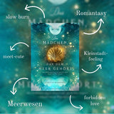 Das Bild zeigt das Buch "Das Mädchen, das dem Meer gehört" von Carolin Herrmann und die enthaltenen Tropes: Romantasy, Kleinstadtfeeling, forbidden love, Meerwesen, meet-cute, slow burn