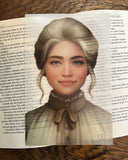 Das Page Overlay zeigt das Porträt der weiblichen Hauptfigur des Buches "Animant Crumbs Staubchronik". Animant trägt ihr blondes Haar hochgesteckt, außerdem eine helle Bluse mit hochgeschlossenem Kragen.