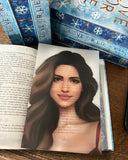 Das Page Overlay zeigt das Porträt der weiblichen Hauptfigur des Buches "Love or Lie". Eyla hat langes, mittelbraunes Haar. Sie trägt ein rotes Top mit tiefem Ausschnitt.