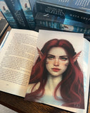 Das Page Overlay zeigt das Porträt der weiblichen Hauptfigur des Buches "Ballade der Gezeiten". Mariel hat rotes, langes Haar, spitze, flossenartige Ohren und kiemenartige Erhebungen auf den Wangenknochen. 
