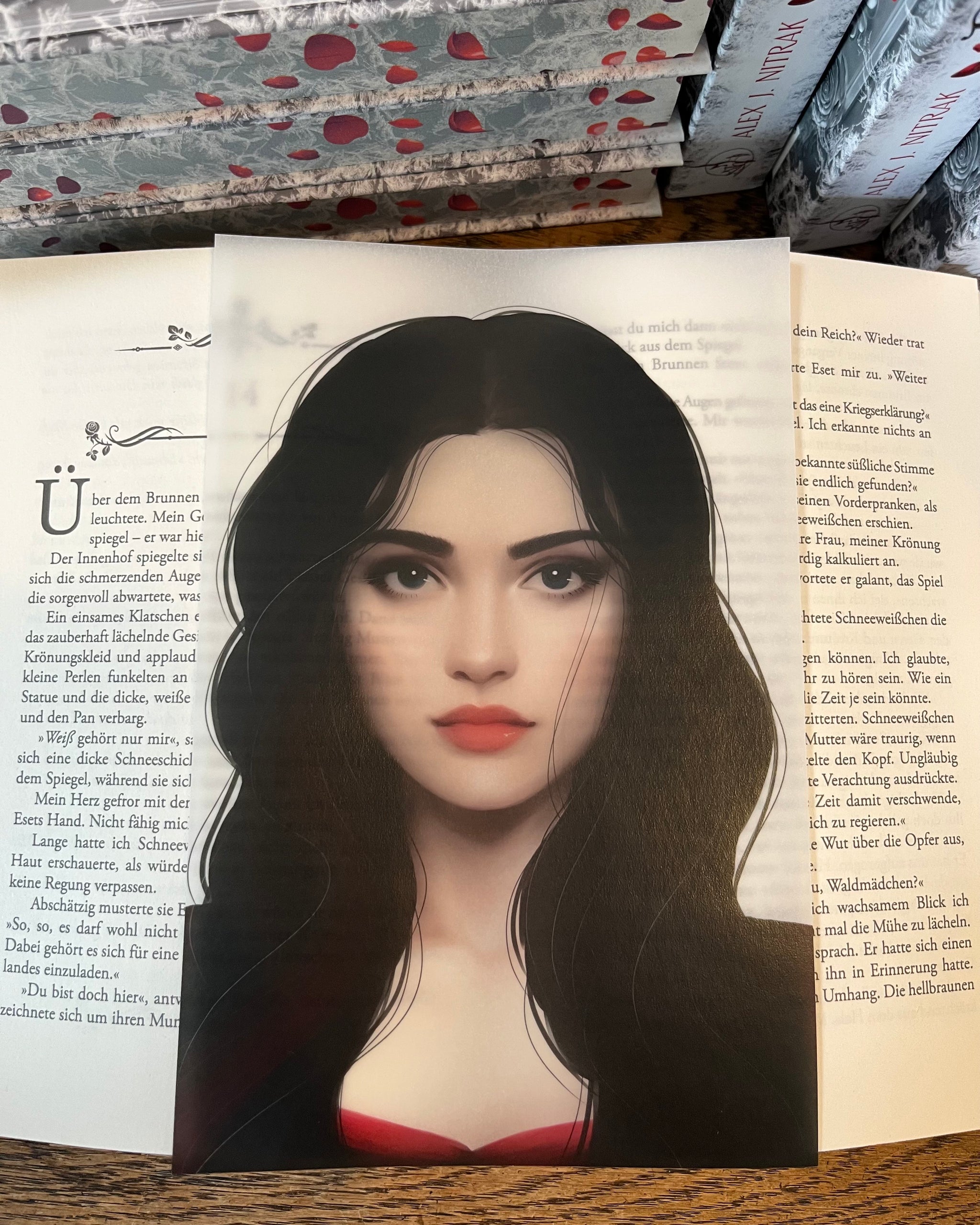 Das Page Overlay zeigt das Porträt der weiblichen Hauptfigur des Buches 