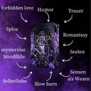 Das Bild zeigt das Buch "Reap my Soul" von Janina Schneider-Tidigk. Darum angeordnet sind die Tropes: forbidden love, Humor, Trauer, Romantasy, Seelen, Sensen als Wesen, Slow burn, Selbstliebe, mysteriöse Mordfälle, Spice