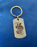 Das Produktbild zeigt einen rechteckigen Schlüsselanhänger (mit abgerundeten Ecken) auf blauem Grund. Auf ihm ist das Bild eines Drachen, der auf einem Bücherstapel sitzt, sowie der Schriftzug "Im Herzen ein Drache" zu sehen.