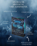 Das Bild zeigt mittig das Buch "Der Spiegel des Drachen". Der Hintergrund ist dunkelblau. Um das Buch sind die verschiedenen Tropes des Buches abgebildet.