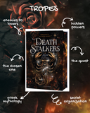 Das Bild zeigt eine Auflistung der Tropes. In der Mitte ist das Buchcover abgebildet, darum sind die Tropes aufgelistet: enemies to lovers, the chosen one, secret organization, greek mythology, the quest, hidden powers