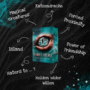 Das Bild zeigt mittig das Buch "Fabelherz".  Drumherum stehen die verschiedenen Tropes, die das Buch betreffen: Magical Creatures, Katzendrache, Forced Proximity, Island, Power of Friendship, Haters to ...?, Helden wider Willen