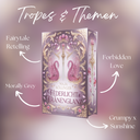 Das Bild zeigt mittig das Buch "Federlicht & Tränenglanz" von Maja Köllinger auf rosafarbenem, zum Buchcover passendem Hintergrund. Darum angeordnet sieht man die enthaltenen Themen und Tropes: Morally Grey, Forbidden Love, Grumpy x Sunshine, Fairytale Retelling