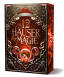 Das Cover ist mittig dunkelrot und hat in den Ecken und am Rand dunkle goldene und braune Schnörkel. In den Ecken sind kleine rote Kristalle verteilt. In der Mitte des Covers ist in großen Buchstaben der Titel abgebildet. Über dem Titel befindet sich ein kleines Banner, auf dem der Name des Autors steht. Unter dem Titel in der Mitte ist ein großer roter Kristall, an dessen linker und rechter Seite jeweils ein mittelgroßer roter Kristall zu sehen ist. Mittig unter dem großen Kristall befinden sich ebenfalls 