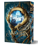 Das blaue Cover zeigt mittig eine Sphäre, in der ein Krieger, mit Schwertern in den Händen, vor einem Drachen steht. Die Sphäre ist umschlungen von einer goldenen, geschwungenen und gezackten Fassung, die an einem Ende die Form eines Drachenkopfes hat. Wasser umspielt die Fassung. Der Titel befindet sich im unteren Drittel des Buches.  Auf dem Buchschnitt sind Teile der Fassung und Wasserspritzer.