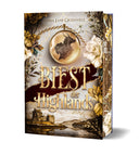 Das Cover zeigt in der unteren Hälfte den Titel des Buches. Oberhalb des Titels ist ein Medallion mit der Silhouette einer Frau und eines Biests. Unterhalb des Titels sieht man ein Schloss an einem See. Der Farbschnitt zeigt vergilbtes Pergament und verschiedene Blüten.
