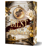 Das Cover zeigt in der unteren Hälfte den Titel des Buches. Oberhalb des Titels ist ein Medallion mit der Silhouette einer Frau und eines Biests. Unterhalb des Titels sieht man ein Schloss an einem See. Der Farbschnitt zeigt vergilbtes Pergament und verschiedene Blüten.