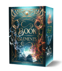 Das Cover zeigt mittig den Titel, darunter sieht man ein aufgeschlagenes Buch, aus dem Feuer, Blätter und Federn emporsteigen. Titel und Buch werden von einem verzierten, goldenen Rahmen eingefasst. Die Farbe Blau dominiert. 