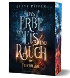 Das Cover zeigt vor blauem Hintergrund den Titel in grauer Schrift. Eisblumen und leuchtende Symbole umrahmen die Schrift. Bei den Wörtern "und Rauch" wird der Hintergrund rot und Flammen umzüngeln die Wörter.