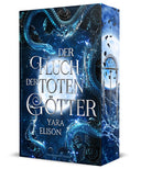 Das Produktbild zeigt das Cover des Buches "Der Fluch der toten Götter" von Yara Elison. Der Titel befindet sich mittig vor einem silberweißen Mond. Darum ranken sich mehrere Schlangen. Im Hintergrund sieht man den dunkelblauen Sternenhimmel.