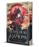 Das Cover zeigt im unteren Drittel den Buchtitel. Darüber ist mittig eine junge Frau im Seitenprofil abgebildet. Sie hat schwarze, lange Haare und trägt rot-schwarze Kleidung. An ihrem Hinterkopf ist eine Oni-Maske befestigt. Um die Frau herum ist schwarz-rotes Feuer, hinter ihr ein roter Kreis. Der Rand des Covers ist mit goldenen Wolken verziert. Der Farbschnitt zeigt im unteren Teil die Silhouette einer Person, hinter der ein roter Kreis zu sehen ist. Oberhalb der Person sind goldene Wolken abgebildet.