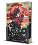 Das Cover zeigt im unteren Drittel den Buchtitel. Darüber ist mittig eine junge Frau im Seitenprofil abgebildet. Sie hat schwarze, lange Haare und trägt rot-schwarze Kleidung. An ihrem Hinterkopf ist eine Oni-Maske befestigt. Um die Frau herum ist schwarz-rotes Feuer, hinter ihr ein roter Kreis. Der Rand des Covers ist mit goldenen Wolken verziert. Der Farbschnitt zeigt im unteren Teil die Silhouette einer Person, hinter der ein roter Kreis zu sehen ist. Oberhalb der Person sind goldene Wolken abgebildet.