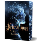 Das Cover zeigt im Profil ein Kristallgesicht, das sich auflöst. Im Hintergrund ist eine düstere Waldlandschaft. Der Titel und die Autorin stehen in goldener Schrift in der unteren Hälfte.