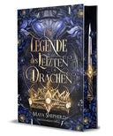 Das Cover zeigt mittig den Titel des Buches in goldenen Buchstaben. Unterhalb des Titels ist eine goldene Krone abgebildet. Oberhalb des Titels sieht man einen Drachenkopf. Das Cover wird umrundet mit schwarzblauen Blumen. Der Farbschnitt zeigt ein Schwert, welches auf einem dunklen Hintergrund liegt.