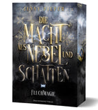 Das Cover zeigt einen grauen in Schwarz verlaufenden Hintergrund mit leuchtenden Symbolen. Im Vordergrund steht der Titel in goldener Schrift umnebelt von weißen Rauchschwaden.