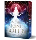 Das Cover zeigt mittig eine leuchtende Frauensilhouette in einem leuchtenden ausladenden Ballkleid, vor einem Sternenhimmel. Hinter ihrem Kopf ist ein roter Mond und darum ein goldener Ring aus Tierkreiszeichen. Verschiedene Sternbilder sind auf dem ganzen Cover verteilt. Der Titel und die Autorin stehen in goldener Schrift auf dem Ballkleid.