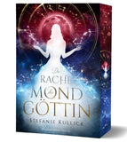 Das Cover zeigt mittig eine leuchtende Frauensilhouette in einem leuchtenden ausladenden Ballkleid, vor einem Sternenhimmel. Hinter ihrem Kopf ist ein roter Mond und darum ein goldener Ring aus Tierkreiszeichen. Verschiedene Sternbilder sind auf dem ganzen Cover verteilt. Der Titel und die Autorin stehen in goldener Schrift auf dem Ballkleid.