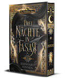 Das Bild zeigt das Buch "Drei Nächte in Fasar" von Bernhard Hennen. Der Titel, in goldenen Lettern geschrieben nimmt die Mitte des Buches ein. Darum sind verschiedene oriantalische goldene Schmuckelemente zu sehen. Im schwarzen Hintergrund erkennt man das Tor zu einem orientalischen Palast. Auf dem Buchschnitt sieht man ebenfalls verschiedene Verzierungen und die Silhouette eines Kriegers mit zwei Säbeln in den Händen. 