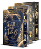 Auf dem Bild sind die drei Bände "Drei Nächte in Fasar" von Bernhard Hennen zu sehen. Vom ersten Band sieht man das Frontcover, Band 2 und 3 stehen dahinter - von allen drei Büchern sieht man die Buchschnitte. 