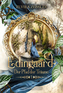 Das Produktbild zeigt das Buch "Edingaard - Der Pfad der Träume" von Elvira Zeissler. In der Mitte des Buches befindet sich ein goldener Rahmen mit Verzierungen, in dem man (wie durch ein Portal) sieht, wie eine blaugekleidete Frau einen steinernen Weg entlanggeht. Um den Rahmen herum erkennt man grüne Blätter und blauen Stoff auf hellem Stein. 
Der Titel befindet sich am unteren Rand des goldenen Rahmens. 
Der Farbschnitt zeigt ein Amulett mit einem Pegasus.