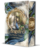 Das Produktbild zeigt das Buch "Edingaard - Der Pfad der Träume" von Elvira Zeissler. In der Mitte des Buches befindet sich ein goldener Rahmen mit Verzierungen, in dem man (wie durch ein Portal) sieht, wie eine blaugekleidete Frau einen steinernen Weg entlanggeht. Um den Rahmen herum erkennt man grüne Blätter und blauen Stoff auf hellem Stein. 
Der Titel befindet sich am unteren Rand des goldenen Rahmens. 
Der Farbschnitt zeigt ein Amulett mit einem Pegasus.