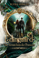 Das Produktbild zeigt das Buch "Edingaard - Das Vermächtnis der Priesterin" von Elvira Zeissler. In der Mitte des Buches befindet sich ein goldener Rahmen mit Verzierungen, in dem man (wie durch ein Portal) sieht, wie eine Frau und ein Mann Seite an Seite eine Schlucht durchqueren. Um den Rahmen herum erkennt man grüne Blätter und grünen Stoff auf hellem Stein. 
Der Titel befindet sich am unteren Rand des goldenen Rahmens. 
Der Farbschnitt zeigt ein Amulett mit einem Stern.