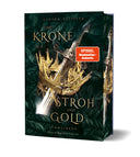 Das Cover zeigt mittig ein silbernes Schwert mit verziertem Griff, dessen Schneide von einer goldenen Krone umgeben ist. Zwischen den Zacken der Krone ist Stroh zu erkennen. Der Titel, in goldfarbenen Buchstaben, beginnt links oben und endet rechts unten. Der Hintergrund besteht  aus dunkelgrünen Blättern. Der Farbschnitt des Buches zeigt ebenfalls Krone und Schwert vor dunkelgrünen Blättern. 