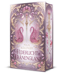 Das Cover zeigt in der Mitte ein weißes Schwert mit goldenem Griff und einem rosafarbenen Diamanten am Knauf. Links und rechts neben dem Schwert ist jeweils ein rosafarbener Schwan abgebildet. Im unteren Bildbereich steht in goldener Schrift der Name der Autorin und darunter in dunkelviolett der Titel. Verziert ist das Cover mit goldenen Federn und Ornamenten und Diamanten in rosa und violett.