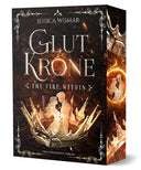 Das Produktbild zeigt das Cover des Buches "Glutkrone - The Fire within" von Jessica Wismar. 
In der oberen Hälfte sieht man den Titel und den Namen der Autorin, in der unteren Hälfte eine Krone, in der ein einander zugewandtes Paar abgebildet ist. 
Der Hintergrund des Covers ist dunkelbraun, Schrift, Krone und Paar golden. 