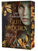 Das Cover zeigt auf Zweidrittel des Porträts einer jungen Frau. Der Buchtitel ist mittig zu sehen. Goldene Blätter, kleine Flammen und Funken sind darum angeordnet. 