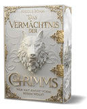 Das Cover wirkt wie weißer Marmor und zeigt einen Wolfskopf. Darunter und darüber sieht man den Titel . Eingefasst wird beides durch einem goldenen Rahmen. 