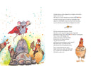 Das Bild zeigt eine Innenansicht des Bilderbuchs "Viel Geschrei ums wilde Ei" von Astrid Behrendt, auf der man einen Teil des Textes und vor allem die Illustrationen von Christina Kopp sehen kann. 