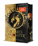 Das Cover ist auf der linken Seite gold und auf der rechten schwarz. Mittig ist ein Kreis ausgestanzt, durch den der goldene Drachen auf dem schwarzen Buchdeckel zum Vorschein kommt. Der Kreis in der Mitte ist mit Blättern verziert. Unter dem Kreis steht der Titel. Das "o" in Monster ist als roter Mond dargestellt. Auf dem Buchschnitt sind ein Drache und ein roter Mond.