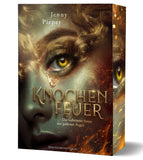 Das Produktbild zeigt die Nahaufnahme eines weiblichen Gesichts. Die Frau hat goldene, glänzende Haut und gelbe Augen. Es läuft eine Träne aus dem Auge heraus. Das Gesicht ist mit goldenen Locken umrahmt. Der Titel und der Autorinnenname stehen in der unteren Hälfte des Covers. Neben dem Titel sind einige Flammen abgebildet.